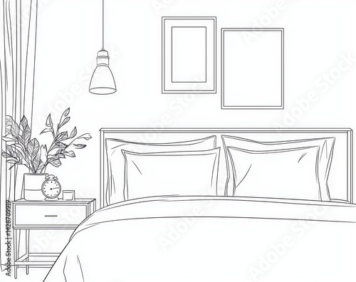 Continuous line art design of bedroom furniture including bed and side table.