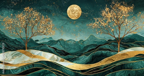 Stunning night landscape featuring a blend of blue, gray, green, and turquoise marble.
