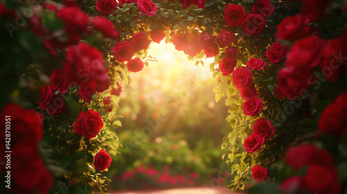 Fototapeta Naklejka Na Ścianę i Meble -  beautiful garden filled with vibrant red roses creates stunning archway, illuminated by soft sunlight. This enchanting scene evokes feelings of romance and tranquility