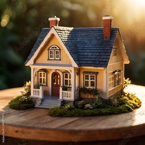 Whimsical Woodland Retreat: A Miniature Cottage Bathed in Golden Light. photo