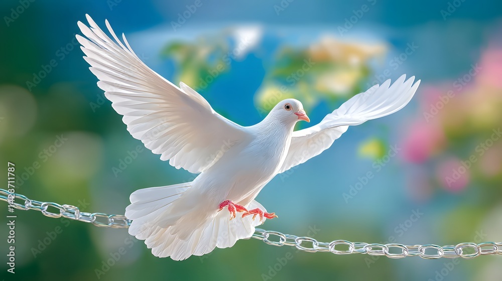 Fototapeta premium Trade war escalation a dove trapped in economic chains flying over a wall symbolizing global tensions