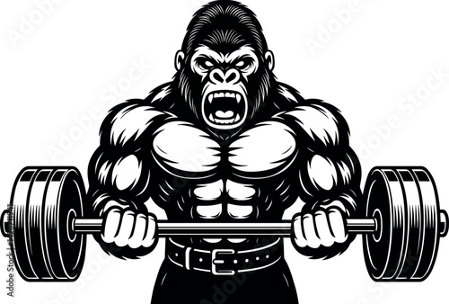Gorilla Weightlifting vector black silhouette print design