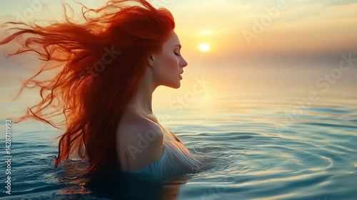 Woman with Flowing Red Hair Relaxing in Ocean at Sunset