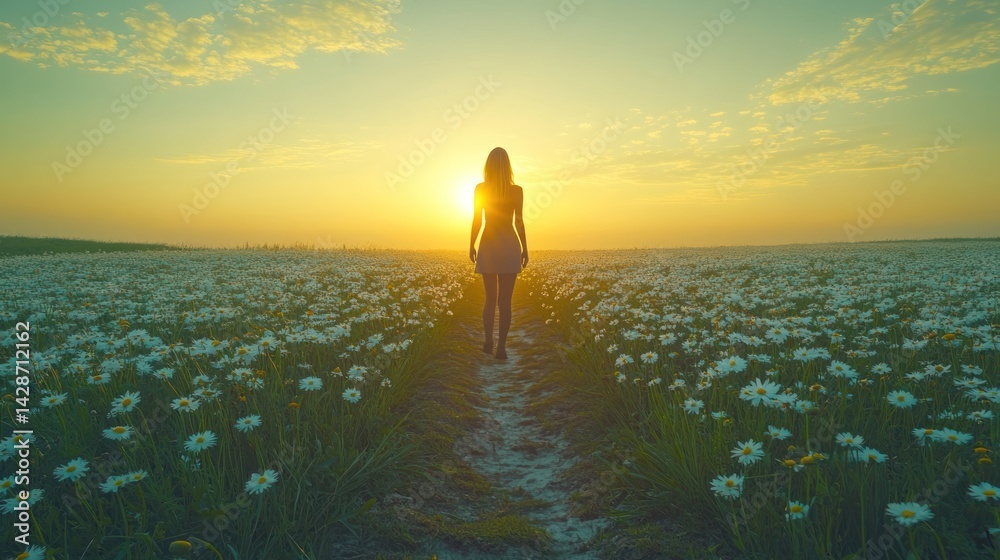 Fototapeta premium Silhouetted woman walking through daisy field at sunset.