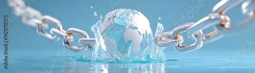 Trade war impact cracked world map with locked chains crossing oceans digital artwork globalization conceptual viewpoint