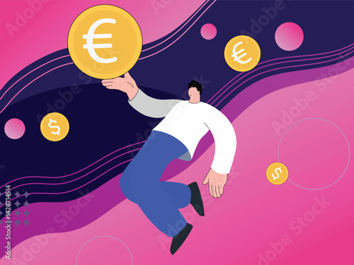 Finance, euro rate, European currency, dollar devaluation. Vector illustration of investment, profit, currency exchange