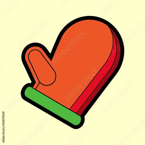 Stylized Orange and Green Mitten with Bold Black Outline on Yellow Background
