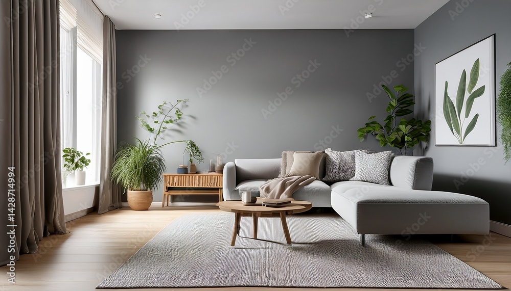 Fototapeta premium empty gray wall serves as a focal point in a calming nordic inspired living space