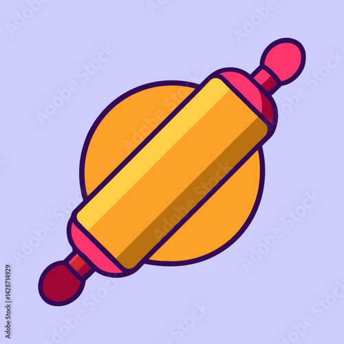 Stylized illustration of rolling pin with dough circle on light purple background