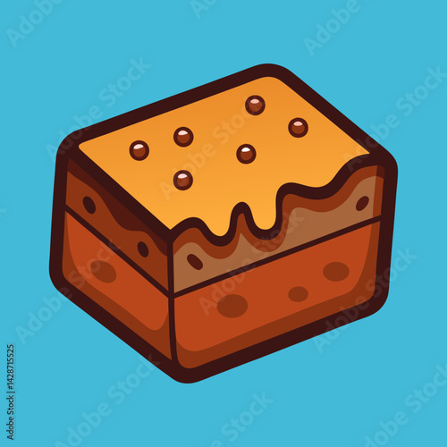 Delicious Isometric Cartoon Brownie with Caramel Topping on a Blue Background