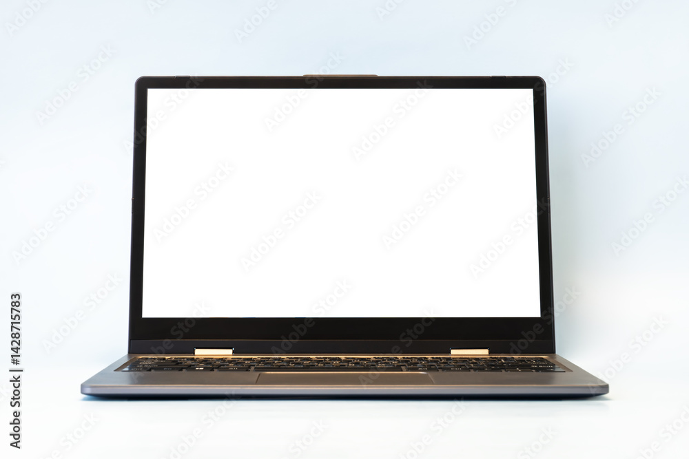 Mock up of modern laptop with white empty screen on blue background