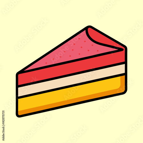A colorful slice of layered cake with strawberry topping and yellow background
