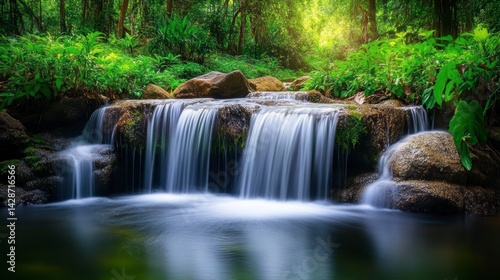 Serene waterfall cascading over mossy rocks in lush green forest.