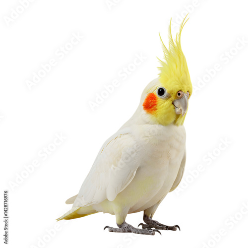 White cockatiel bird with yellow crest and facing right
