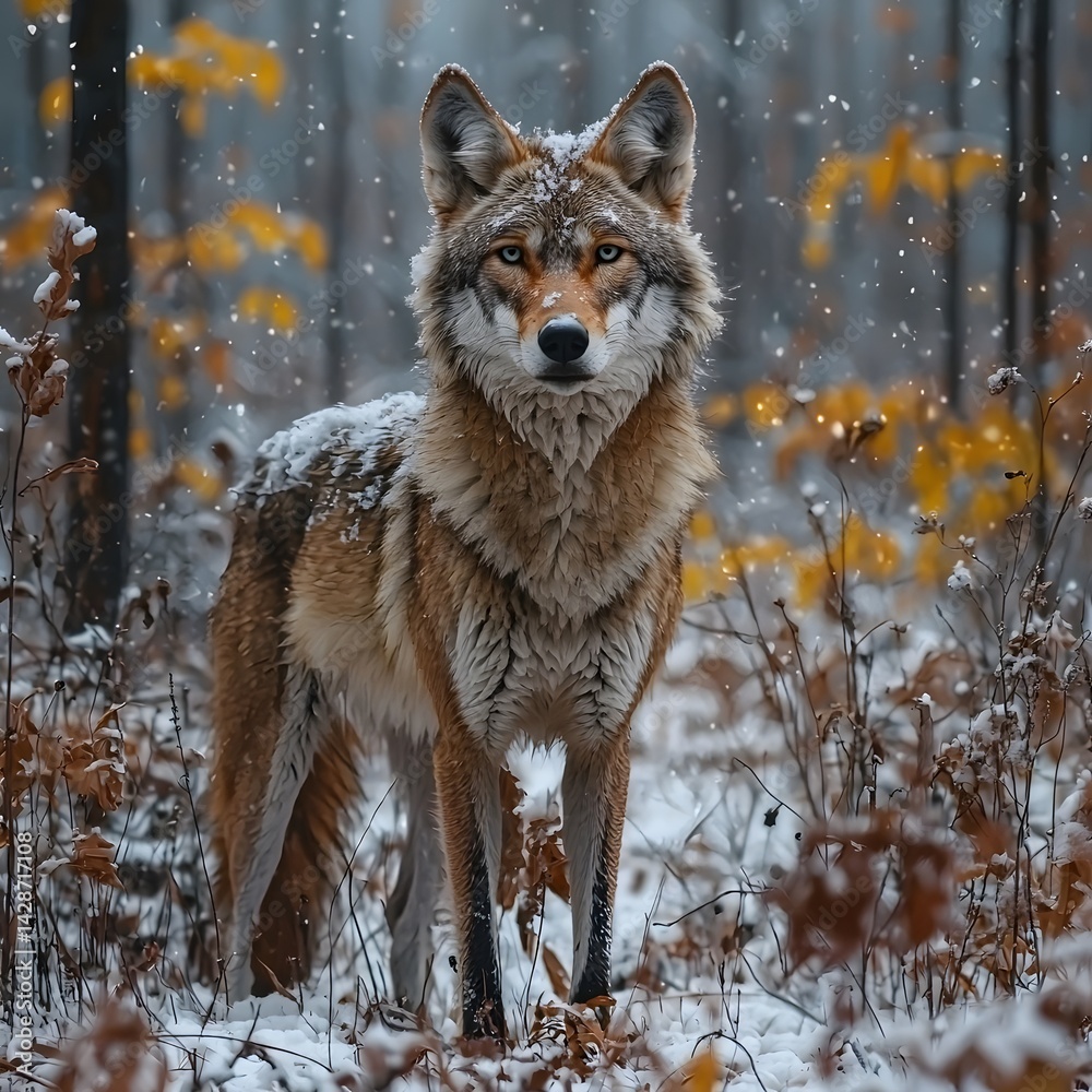 Fototapeta premium A lean wolf stands in a snowy forest its weathered form contrasting the icy landscape