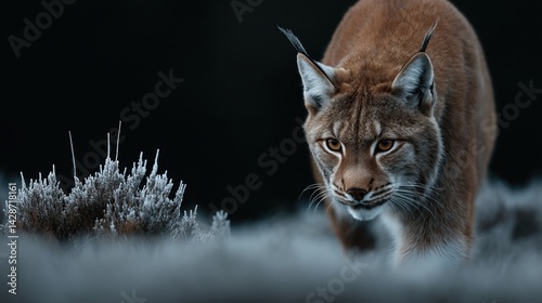 A lynx prowls stealthily in a frosty landscape, with focused eyes and distinctive tufted ears. photo