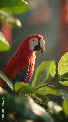 Scarlet macaw perching on branch in lush tropical setting