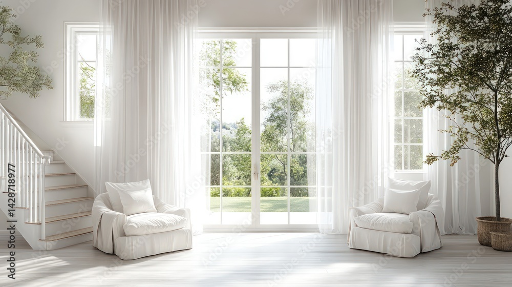 Bright, airy interior with large windows overlooking a garden Bright, airy interior with large windows overlooking a garden