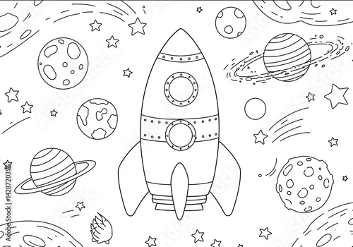 Wallpaper Mural Cartoon rocket with planets, stars, and galaxies in a playful space-themed kids’ coloring book line art illustration Torontodigital.ca