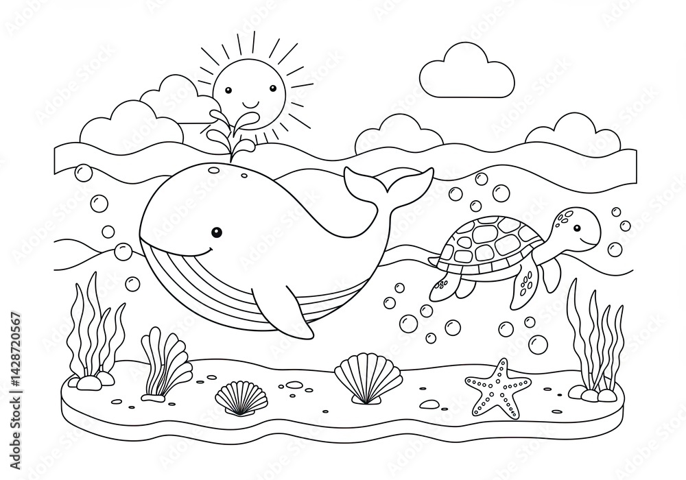 Smiling whale and turtle swimming with fish, seaweed, and starfish in a cute underwater coloring book line art illustration Smiling whale and turtle swimming with fish, seaweed, and starfish in a cute underwater coloring book line art illustration