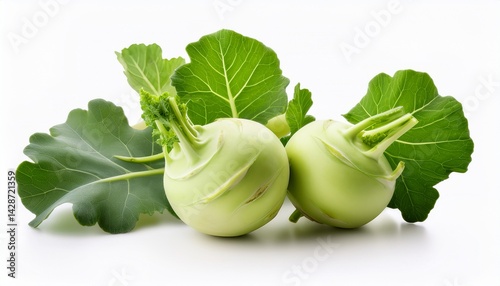 fresh kohlrabi with leaves isolated on white background
