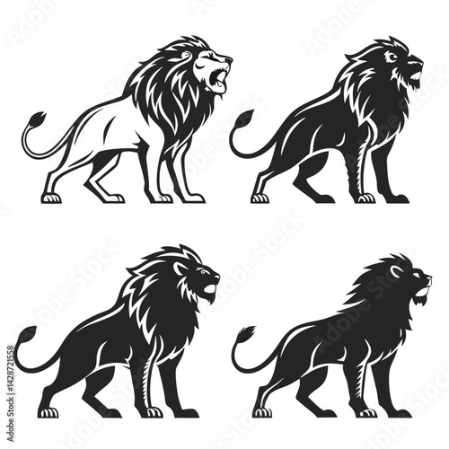 lion silhouette, majestic feline, black and white illustration, royal beast