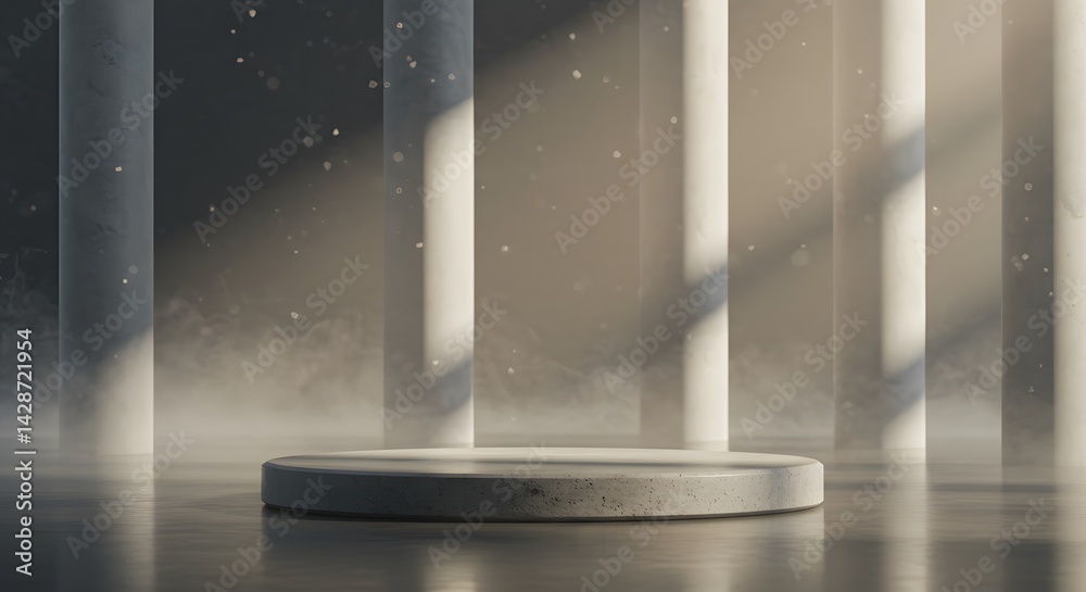 Obraz premium Round Podium with Geometric Background and Foggy Mist