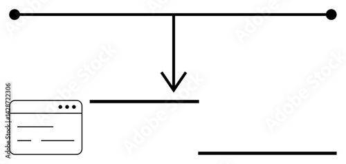 Horizontal line with dots, downward arrow, and browser-style window beside two horizontal bars. Ideal for process flow, decision map, workflow, timeline, connection, automation simple landing page
