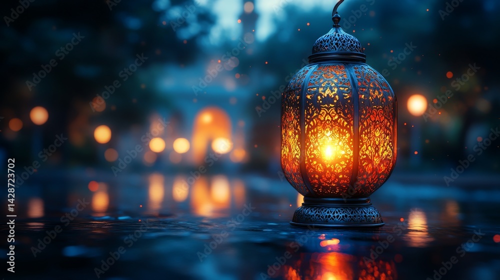 Illuminated Moroccan lantern on wet ground at night, glowing lights in the background. Illuminated Moroccan lantern on wet ground at night, glowing lights in the background.