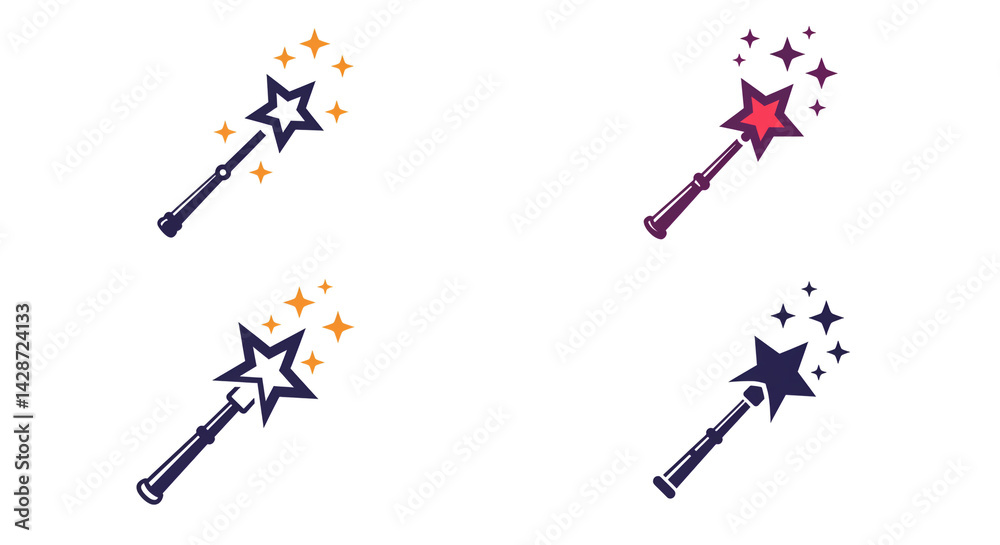 Naklejka premium Four magic wands with star tops and sparkling effects in different colors on a white background