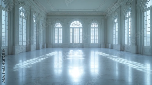 Sunlit empty grand white room with arched windows and marble floor.