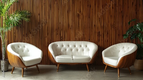 Seating area with white furniture against wood paneling