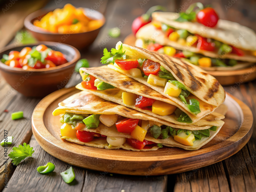 stack of quesadillas on wooden board, topped with colorful vegetables such as tomatoes, peppers, and corn. stack of quesadillas on wooden board, topped with colorful vegetables such as tomatoes, peppers, and corn.