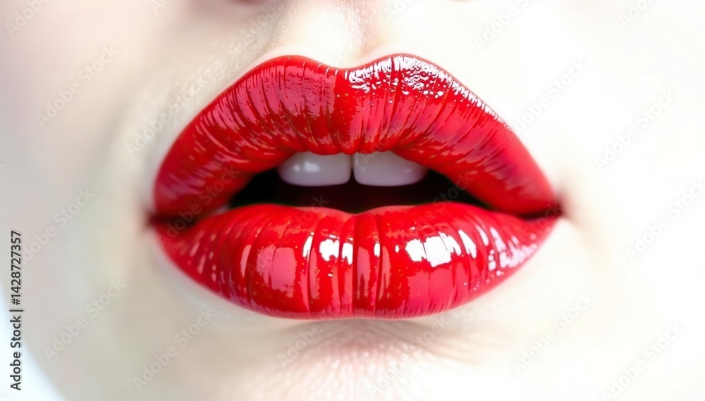 Close-up of luscious red lips against pure white backdrop, studio, lipstick, promo Close-up of luscious red lips against pure white backdrop, studio, lipstick, promo