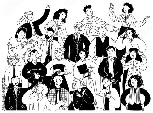 Doodle crowd. People group talking and discussing, sketch diverse social groups background, business people community and society concept. Vector hand drawn persons crowd
