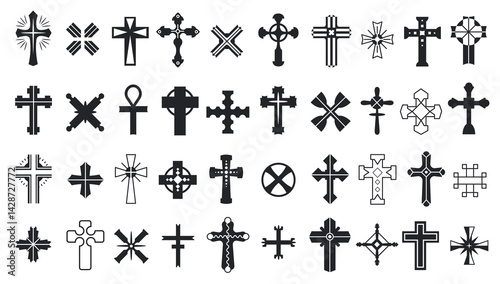 Cross icons. Christianity crosses and crucifixion religion symbols, black christian catholic crucifix shapes for church or faith logo design. Vector crosses isolated set