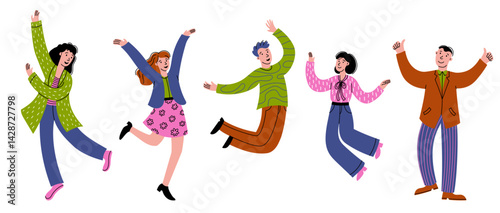 Happy people jumping. Doodle business office workers jumping, joy and successful person, happy professional corporate employees. Vector businessmen group jump