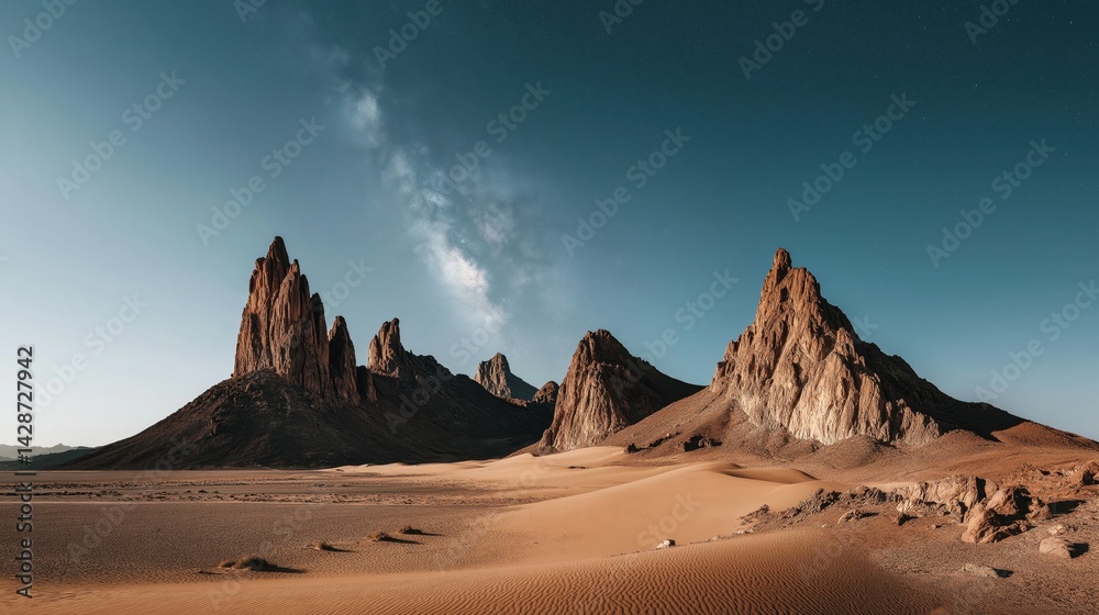 Naklejka premium A dramatic desert landscape featuring towering rock formations under a clear blue sky.