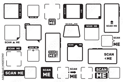 Scan me frame. QR scanning code frames mockup for smartphone barcode sticker, scanner code borders for mobile app design. Vector QR code framing isolated set