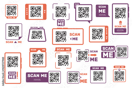QR code sticker. Barcode scan stickers for product packaging, mobile app QR codes identification borders, retail shop scanner app price tag. Vector isolated set