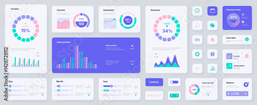 Infographic UI cards. Dashboard app UX, web application card layout with user account statistic graphs and charts, balance payment information. Vector interface mockup set