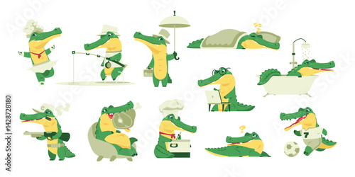 Cute alligator animal. Cartoon crocodile characters, funny childish alligators activity reptile mascots, cheerful wildlife zoo flat crocodiles. Vector animals isolated set