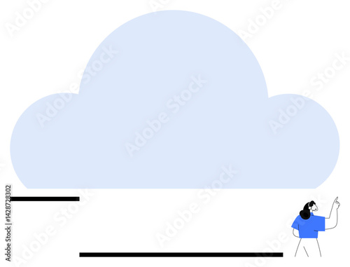 Large cloud shape dominating space with black horizontal lines and a small figure pointing upwards. Ideal for cloud computing, data management, storage, creativity, brainstorming, innovation, flat
