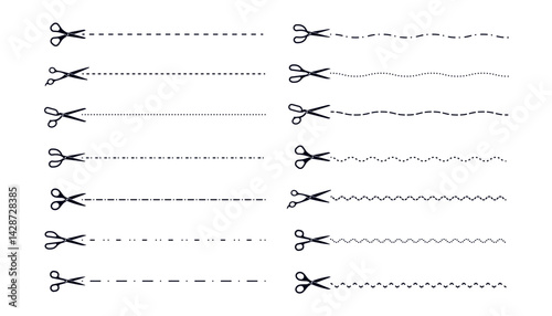 Scissor line cut. Scissors trim dot dash border, sketch cutout icons, black zigzag straight crop lines with tailor scissor shear tool signs. Vector silhouette collection