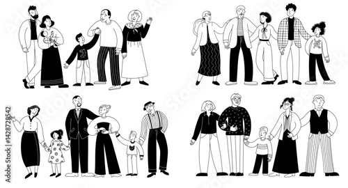 Doodle family people. Elderly persons with children, happy active family sketch, father mother son daughter grandfather grandmother characters. Vector isolated families set