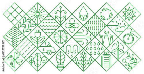 Energy geometry icons. Green environment geometric pattern with minimal line leaf water eco energetic symbols, simple nature energy power icons bauhaus style. Vector background