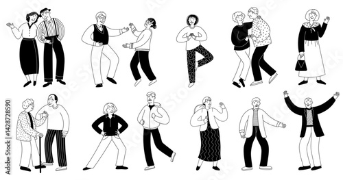 Doodle old people. Senior men women retirement life, happy old people and love couple dance, sketches of elder persons characters party. Vector isolated set