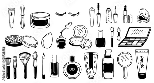 Makeup doodle icons. Make up beauty cosmetic products for girls, hand drawn fashion mascara brush perfume lipstick cream. Vector decorative beauty makeup set