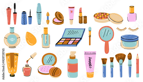 Cosmetics doodle icons. Makeup cosmetic and skin care elements, fashion beauty products lipstick nail polish mascara cream, cosmetology treatment cartoon icons. Vector isolated set