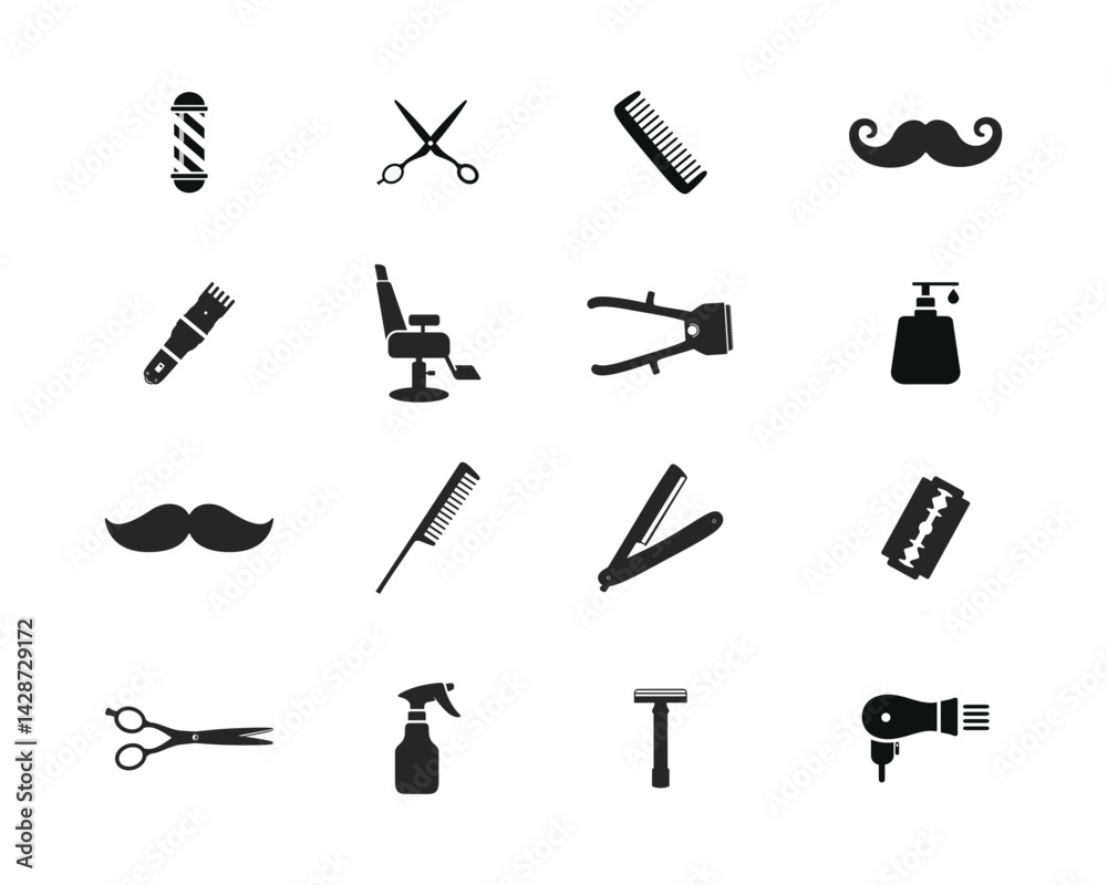 Obraz premium Set of barbershop utensils icon. Hair salon icons, Hairstylist vector icons set. Contain symbol of clipper, barber pole, comb, razor blade, chair, sprayer, shampoo, hair dryer, brush, and more.